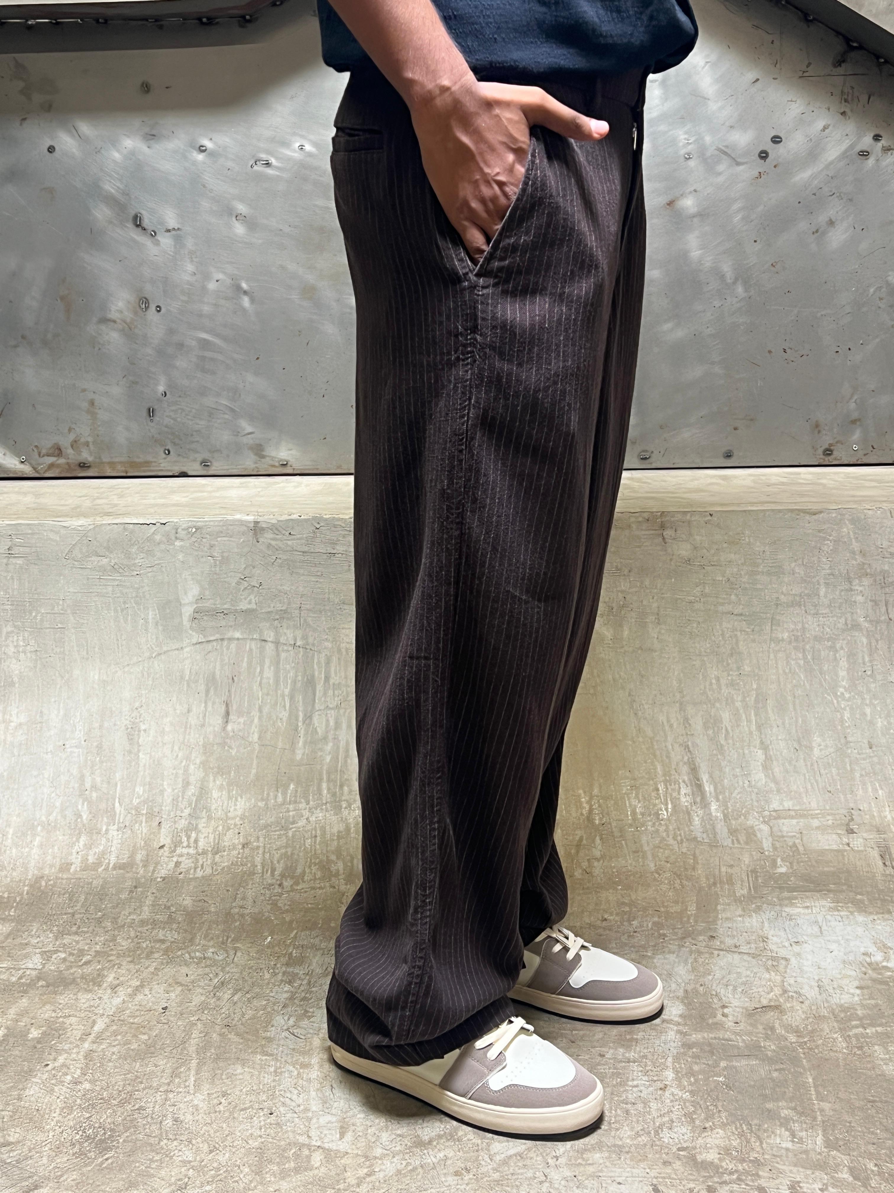 Baggy Linen-Blend Trouser (Brown Stripe)
