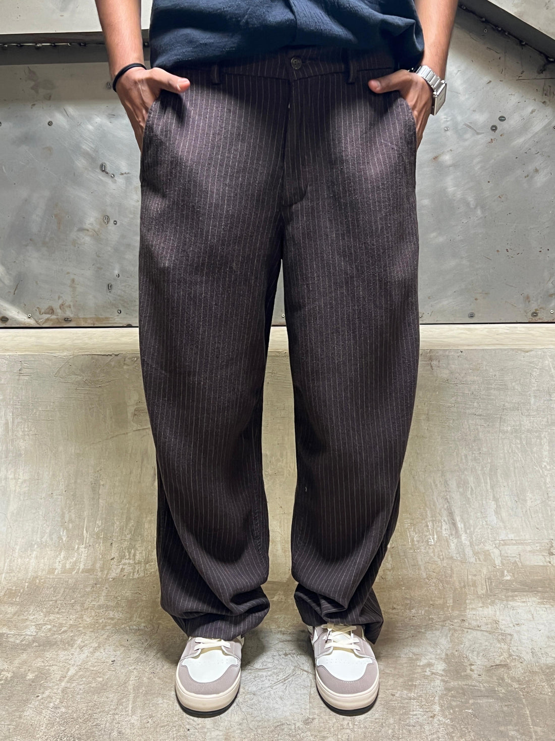 Baggy Linen-Blend Trouser (Brown Stripe)