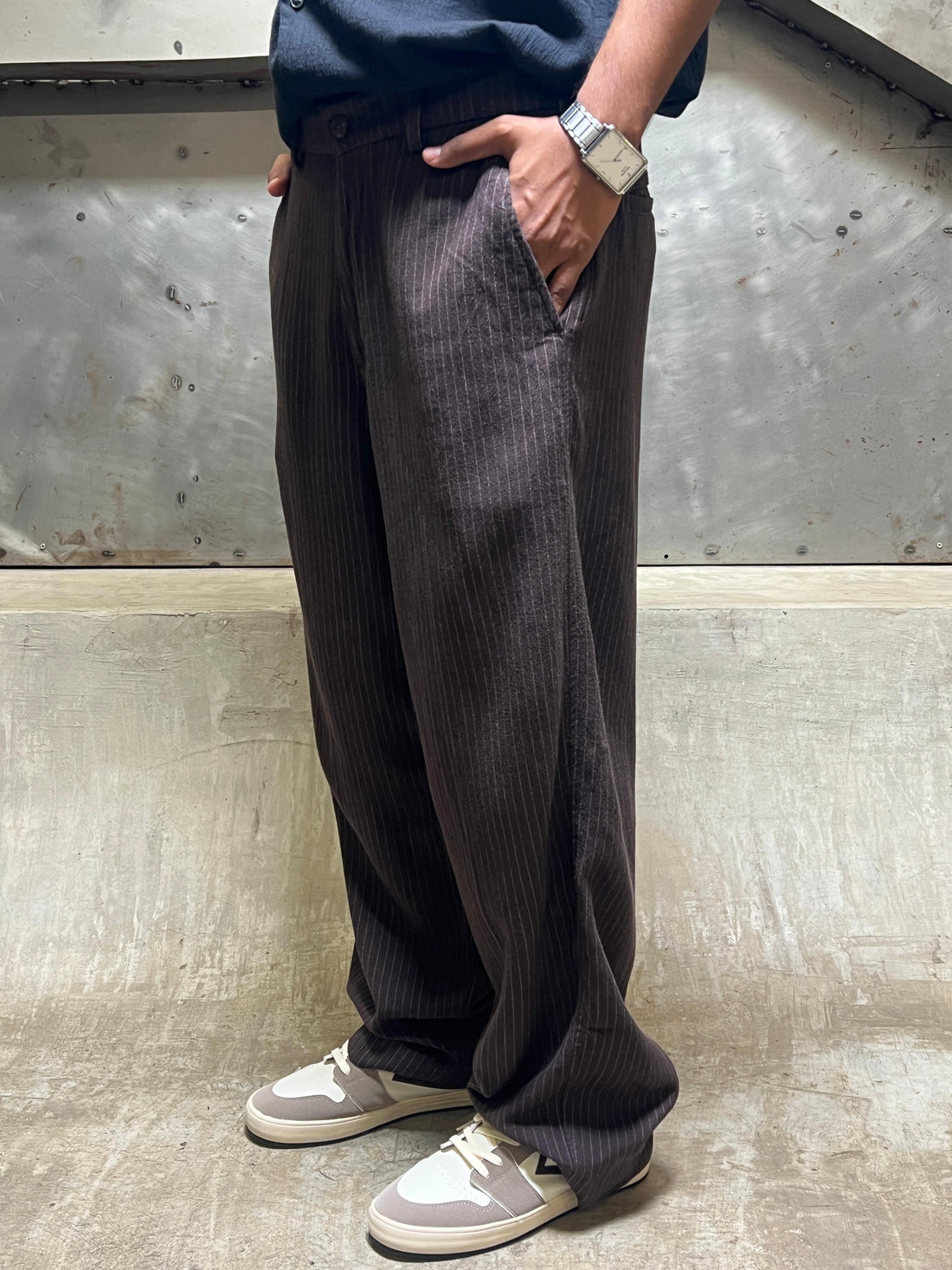 Baggy Linen-Blend Trouser (Brown Stripe)